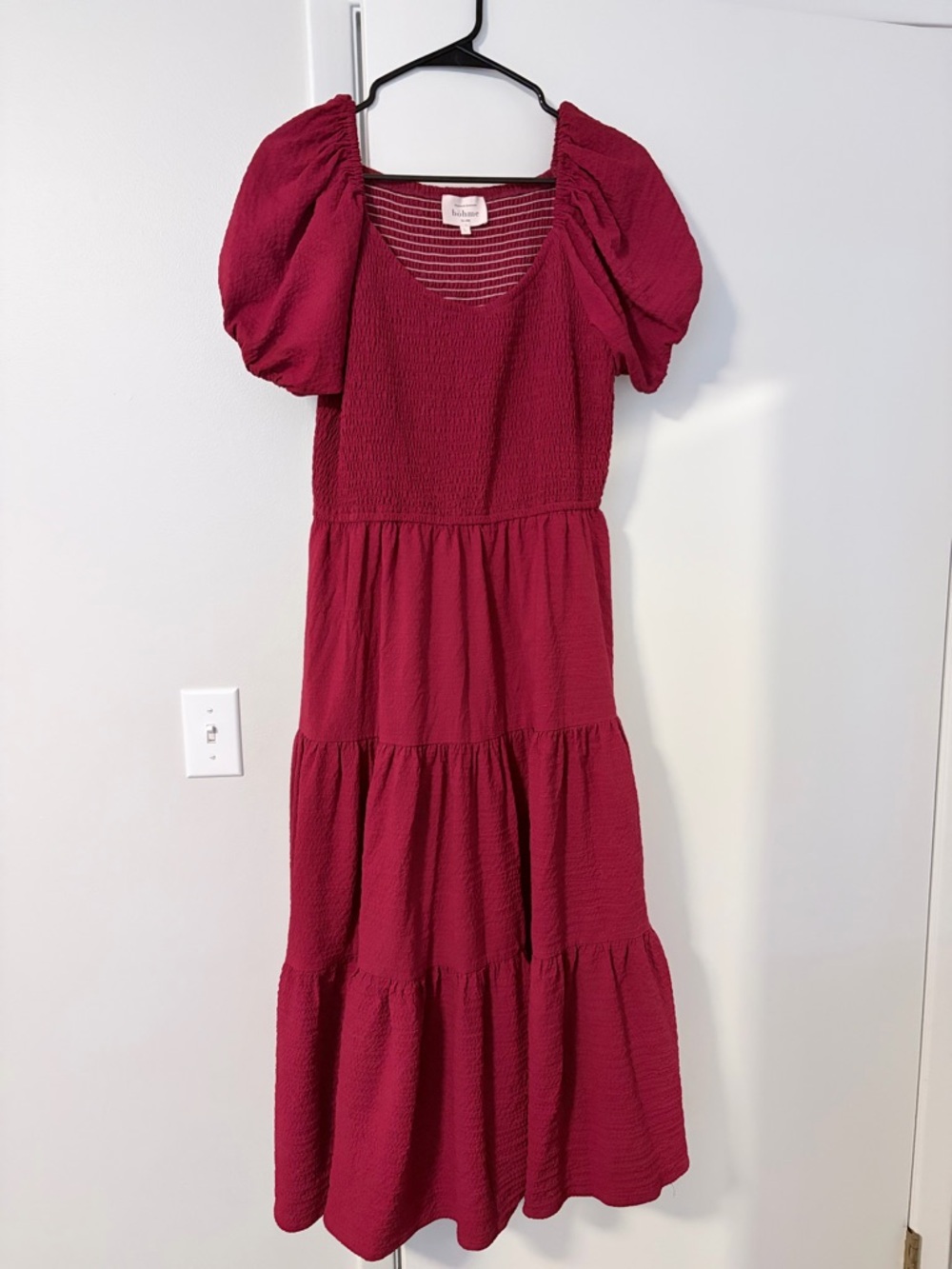 bohme Raspberry Puff-Sleeve Tiered Maxi Dress
